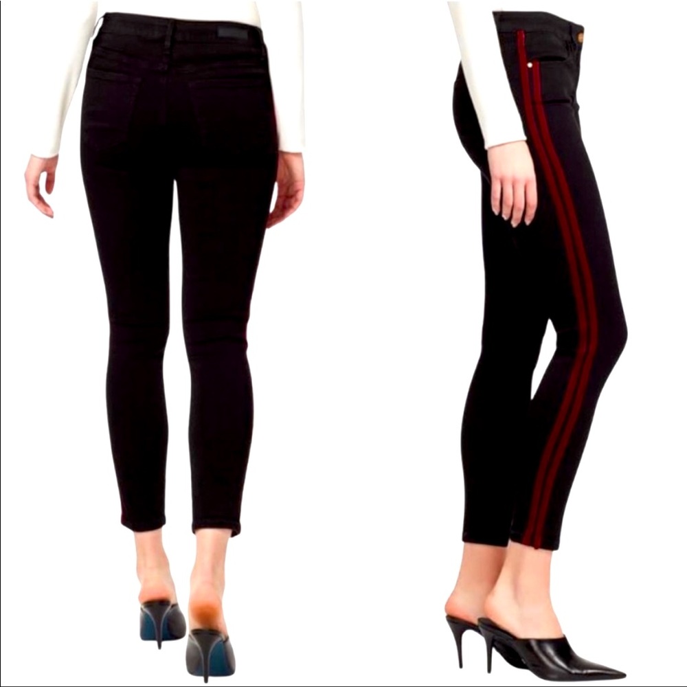 Parker Smith Black jean ankle straight pants with maroon velvet stripes